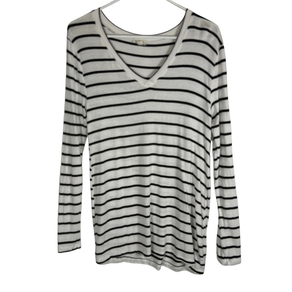 Zenana‎ Womens Long Sleeve V-Neck Striped Top White Black Size L IT-807